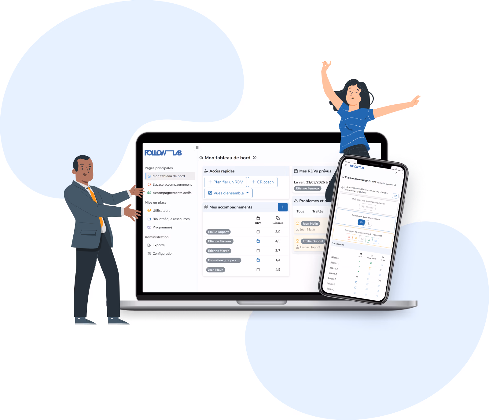 Mockups Follow Lab PRO sur ordinateur et mobile, avec personnages illustrés